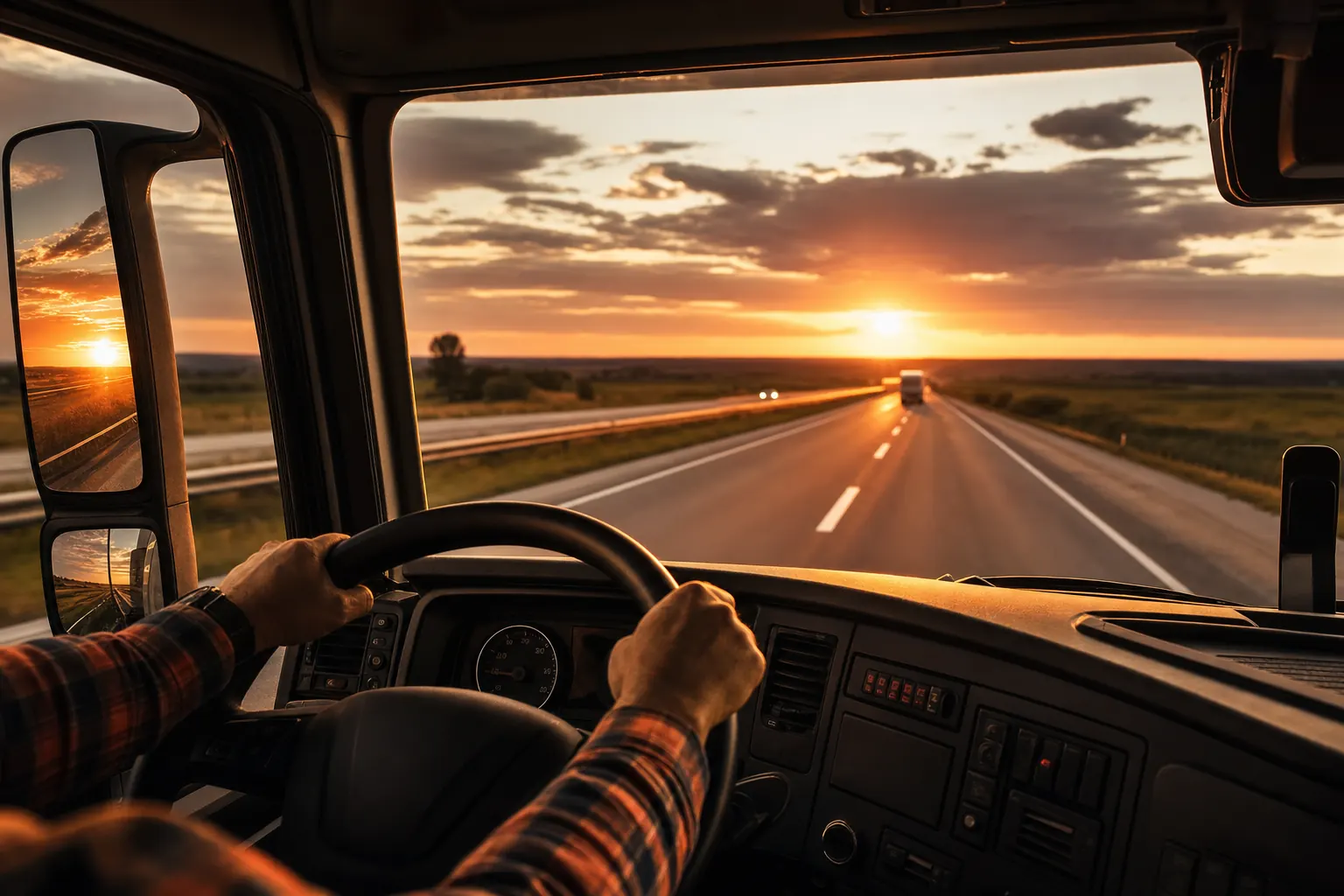 A driver's hands on the wheel of a truck on an open highway at sunset